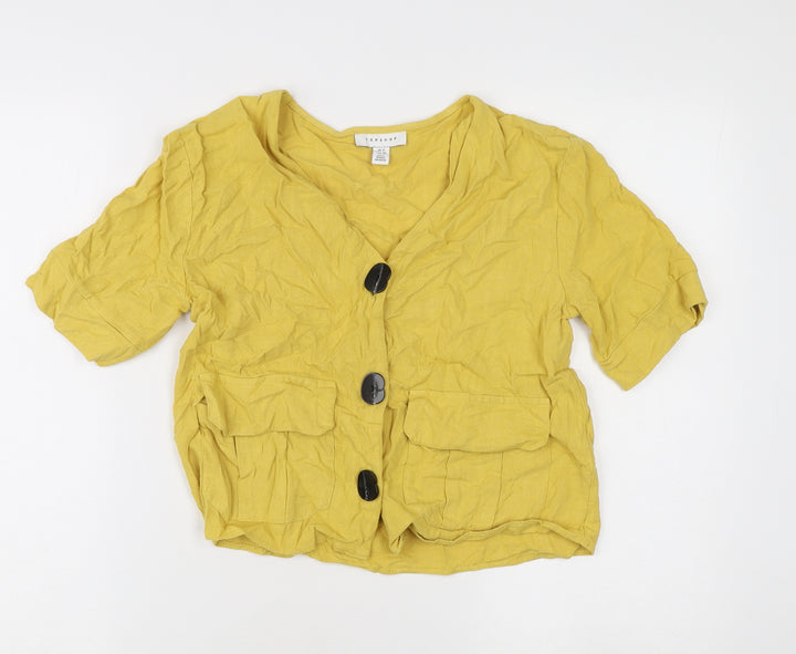 Topshop Women’s Yellow V-Neck Casual Button Shirt Size 8