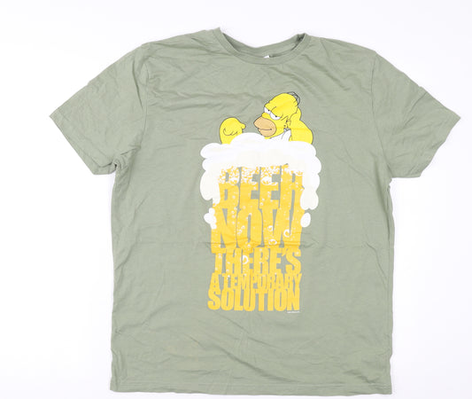 Front view of The Simpsons Men's Green L Homer Beer T-Shirt