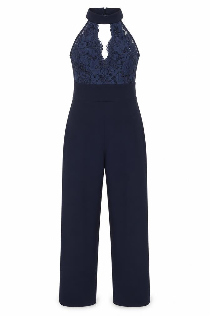 Front view of Jessica Wright Women's Black Halter Lace Jumpsuit, size 8