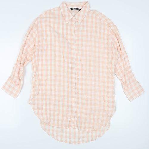 Zara Women's Pink Button-Up Shirt, Size 4, Check Pattern