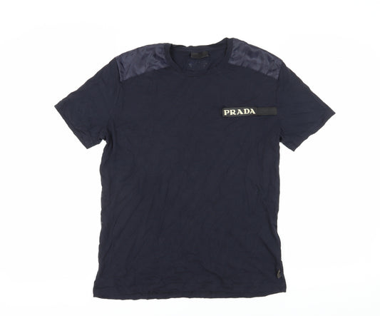 Prada Men's Blue 2XL T-Shirt, Logo Accent, Cotton