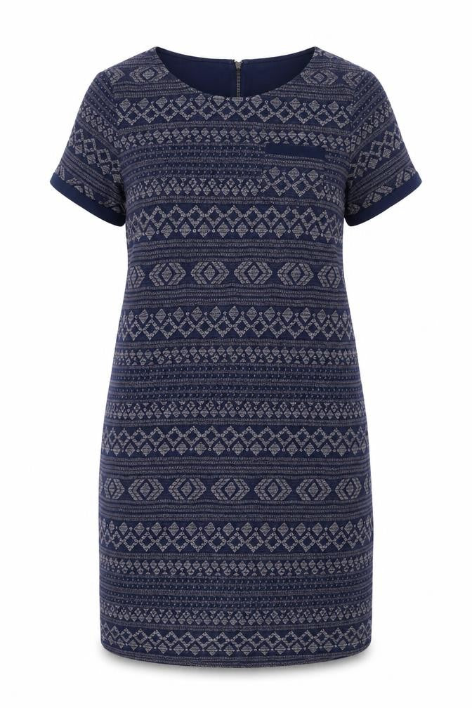 Front view of FatFace Women's Blue Geometric Sheath Dress, size 14