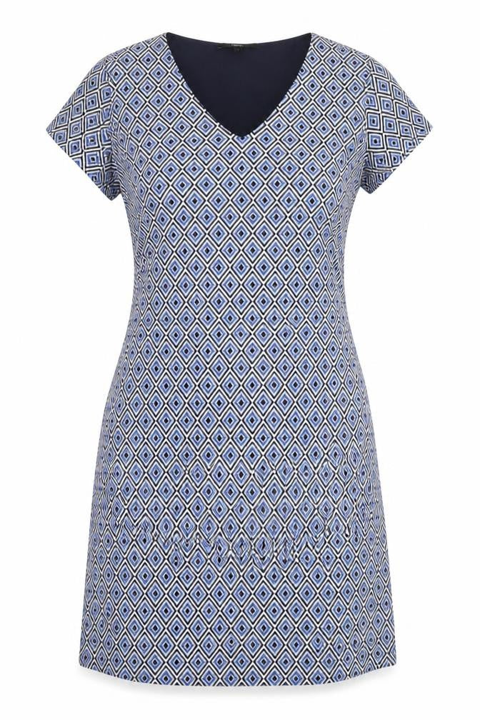Front view of Next Women's Blue Geometric Sheath Dress, size 12