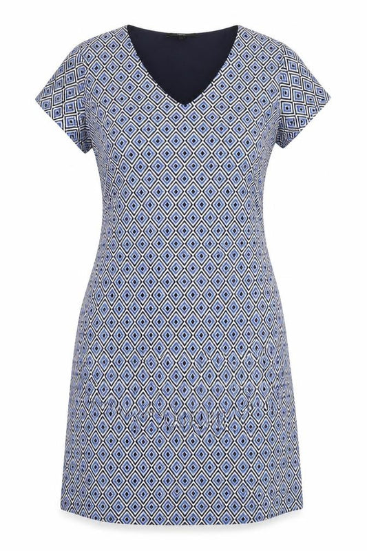 Front view of Next Women's Blue Geometric Sheath Dress, size 12