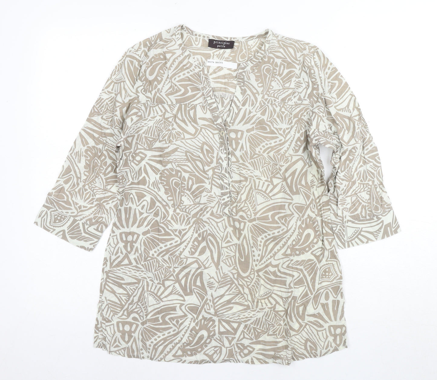 Principles Beige Tunic Women Size 14 V-Neck 3/4 Sleeve