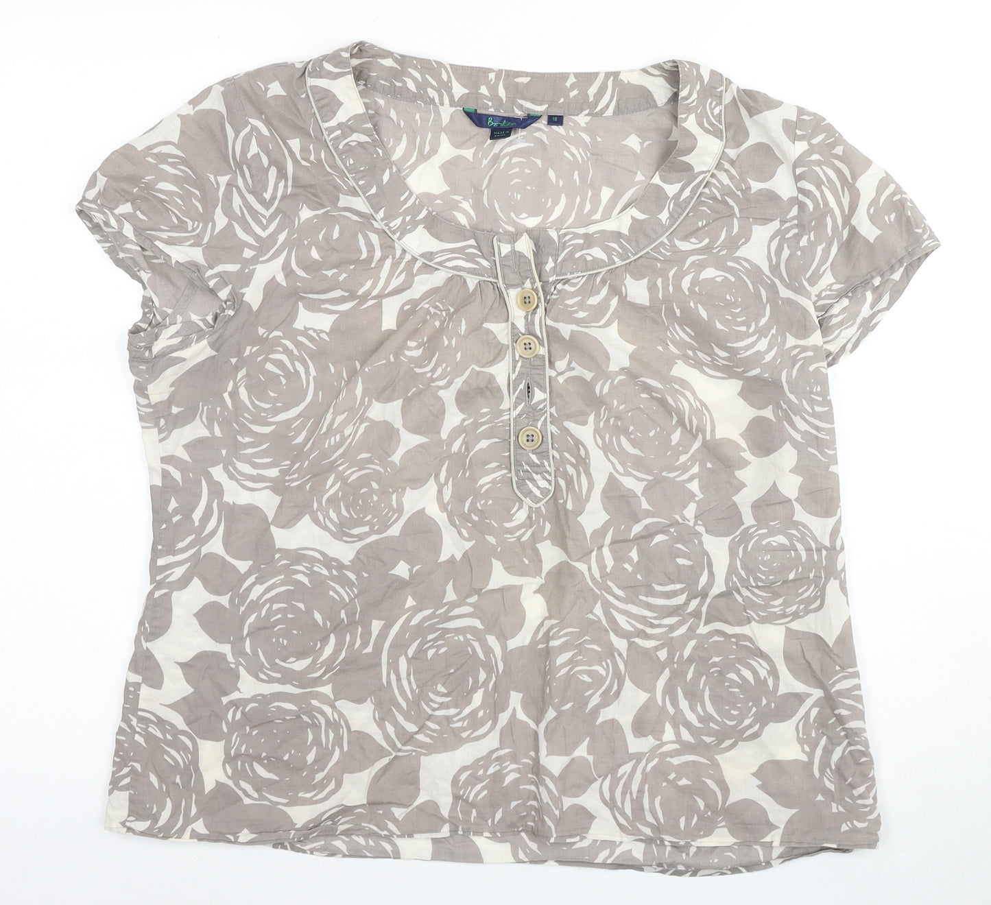 Boden Women's Beige Floral Cotton Henley Button-Up Top