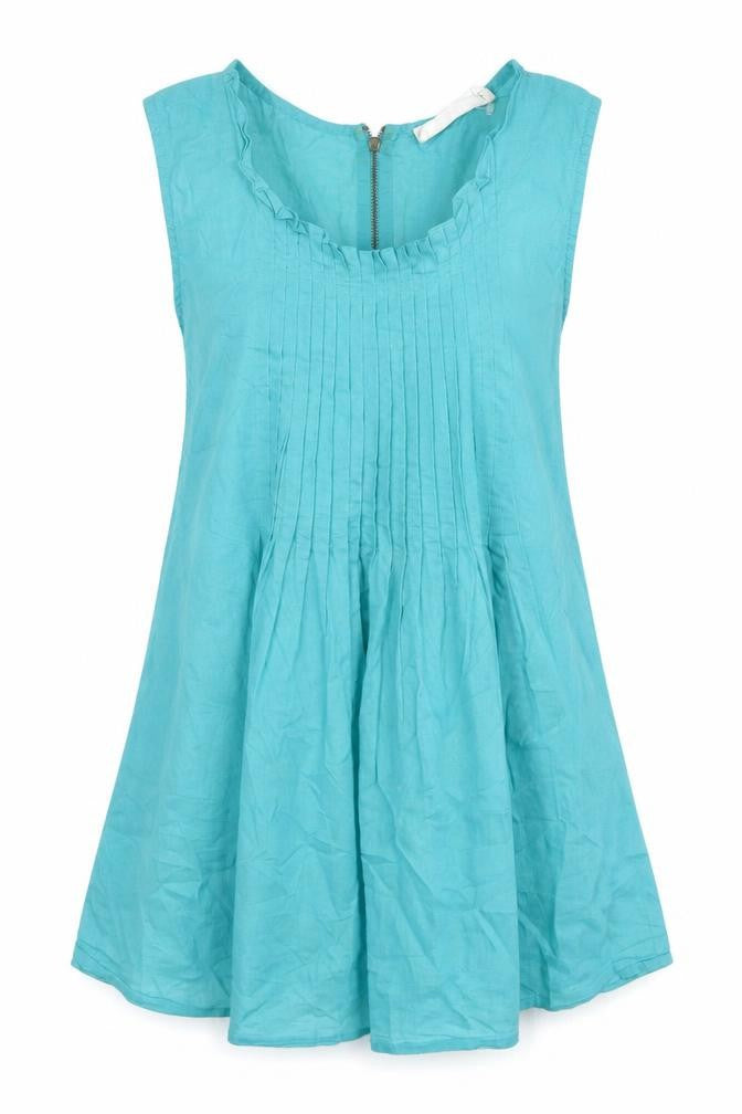 Front view of Oasis Women’s Blue Sleeveless Tunic Blouse, size UK 8