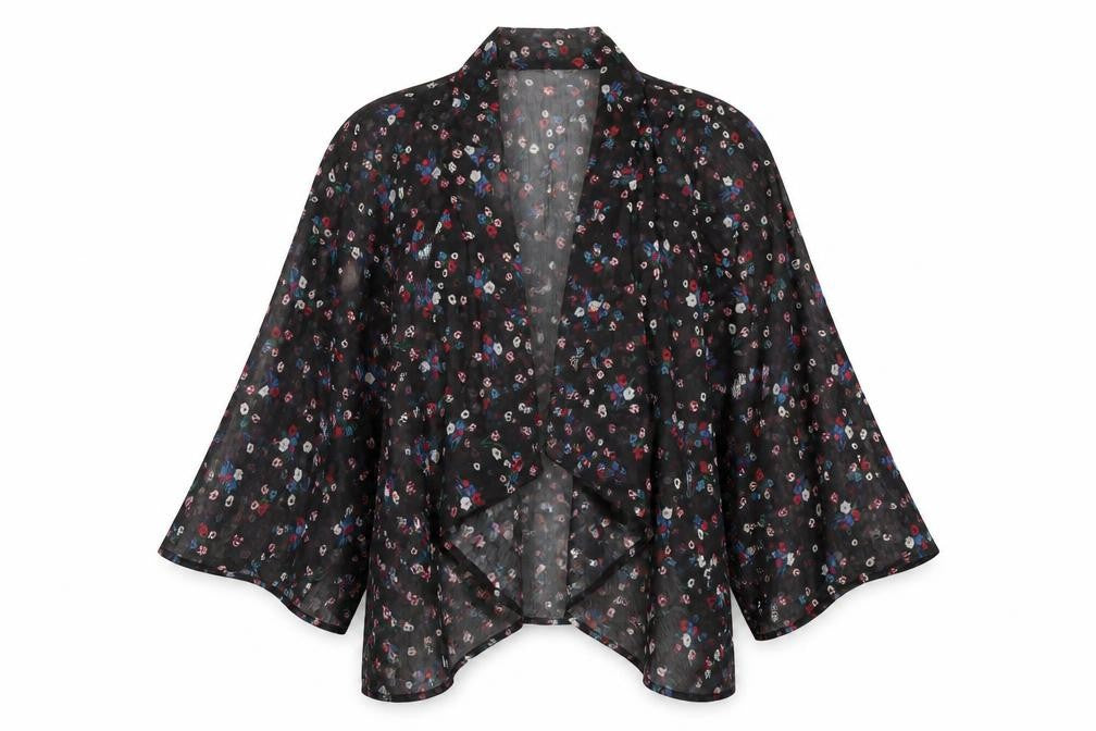 Front view of Boohoo Women's Black Kimono Floral Blouse S