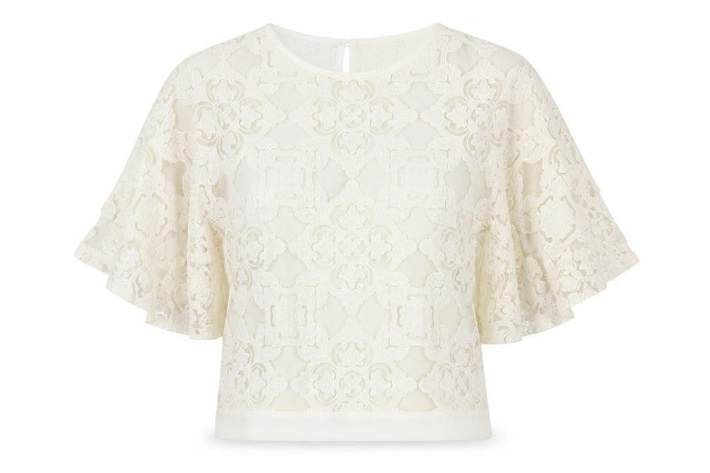 Front view of Next Women's Ivory Lace Blouse, size 10, Flutter Sleeve
