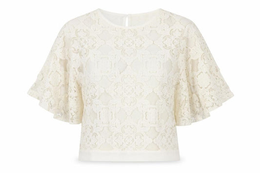 Front view of Next Women's Ivory Lace Blouse, size 10, Flutter Sleeve