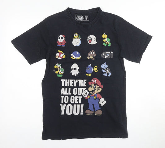 Front view of Super Mario Men's Black Graphic T-Shirt, size S