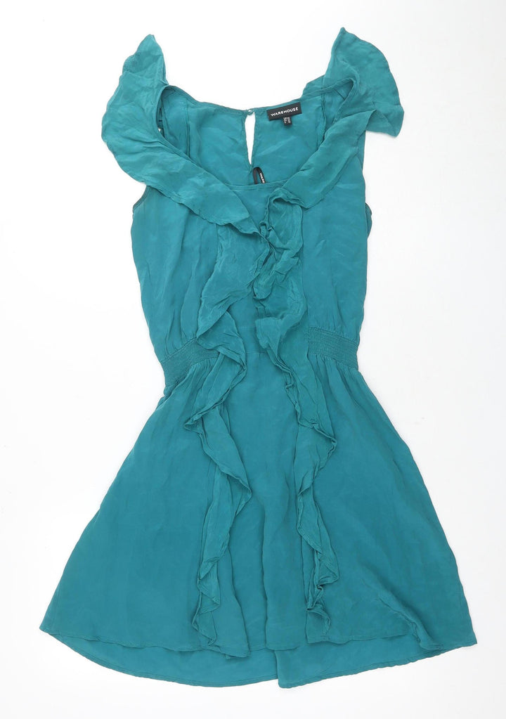Warehouse Women's Green Silk Fit & Flare Dress Size 10