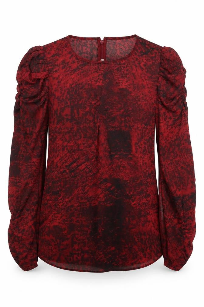 Front view of Whistles Women's Red Silk Blouse, size 8, Puff Sleeve