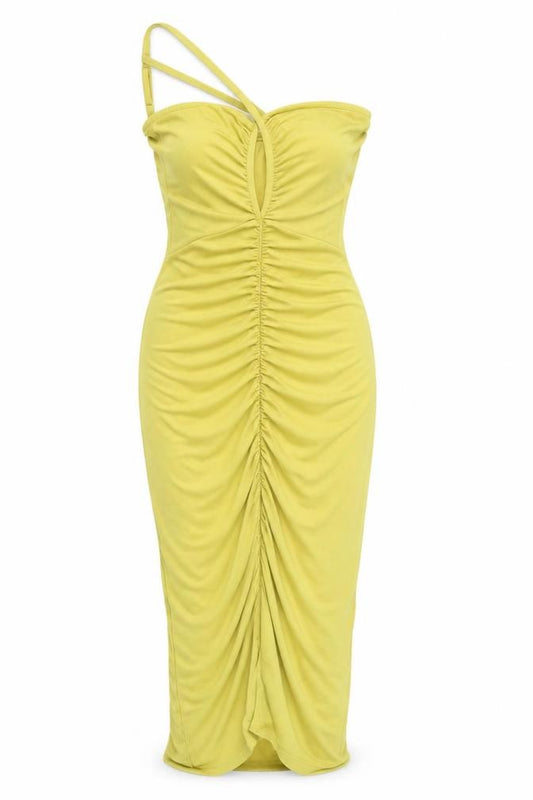 Front view of H&M Women's Green Ruched Bodycon Dress, size 12