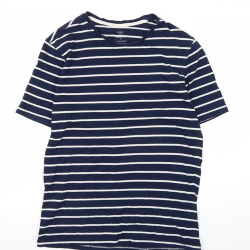 Marks and Spencer Men's Blue Striped Cotton T-Shirt S