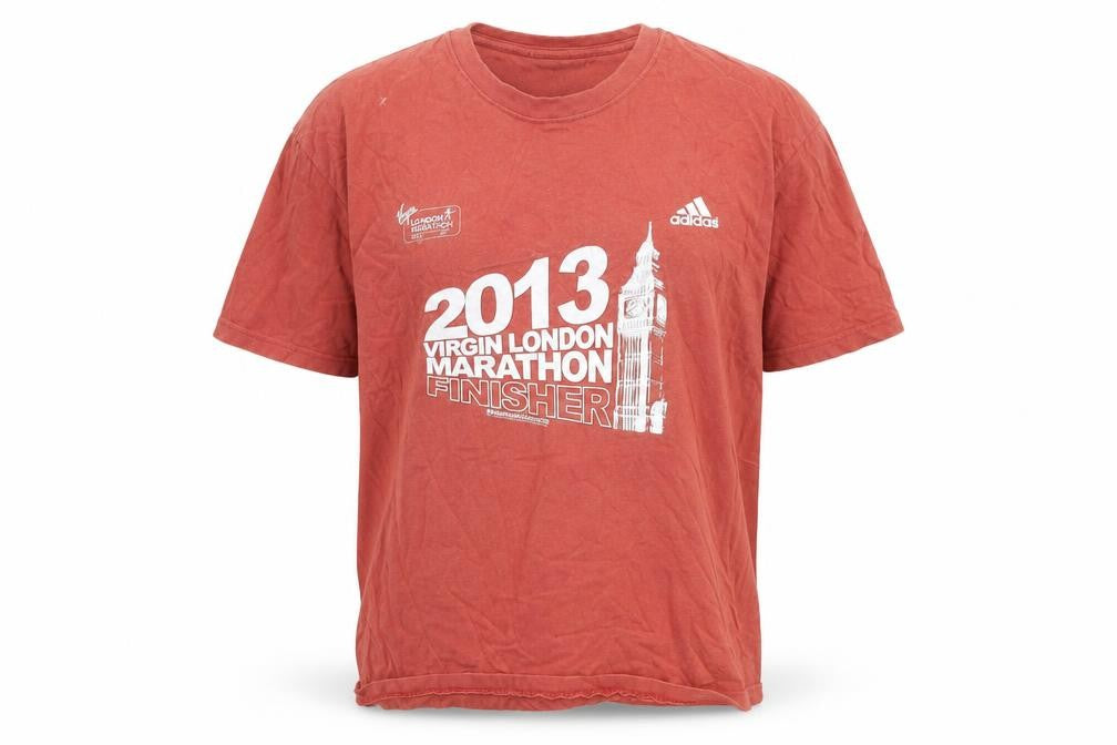 Front view of Adidas Men's Red Marathon T-Shirt, One Size, Graphic Print