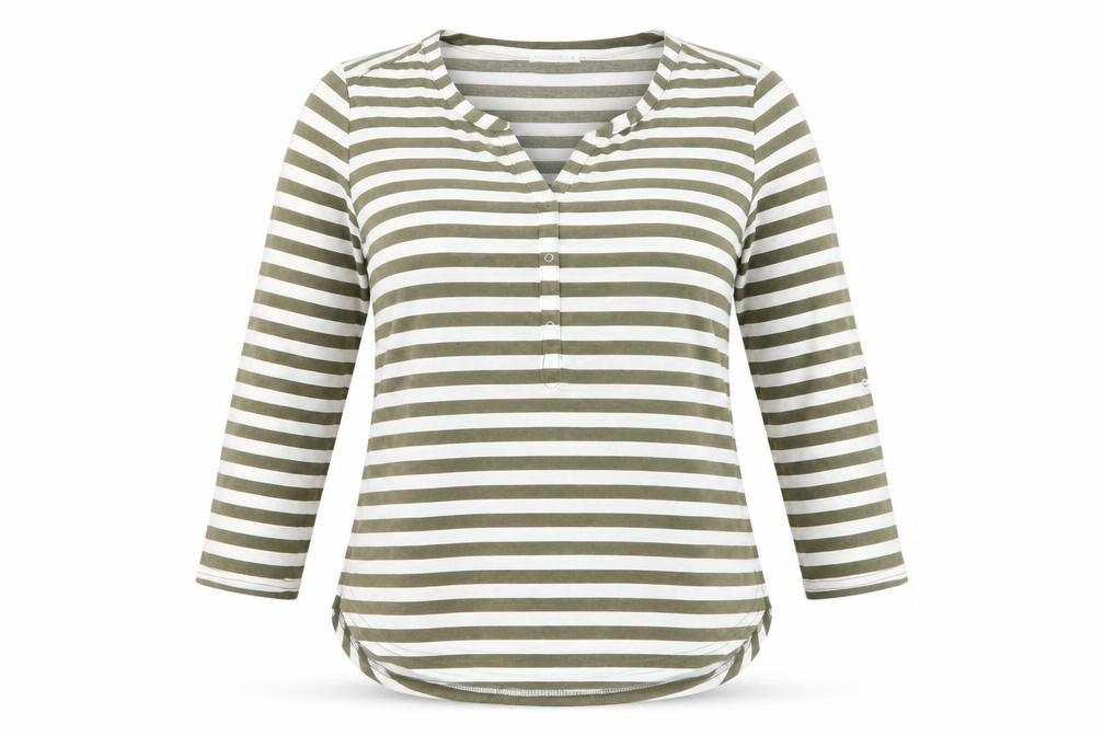 Encuentro Women's Green Striped T-Shirt, S, Casual