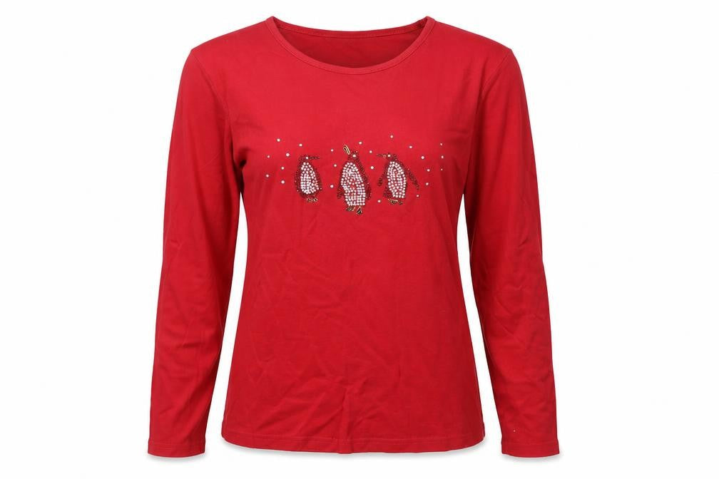 Front view of ISLE Women's Red Christmas Top, S, Long Sleeve, Embroidered