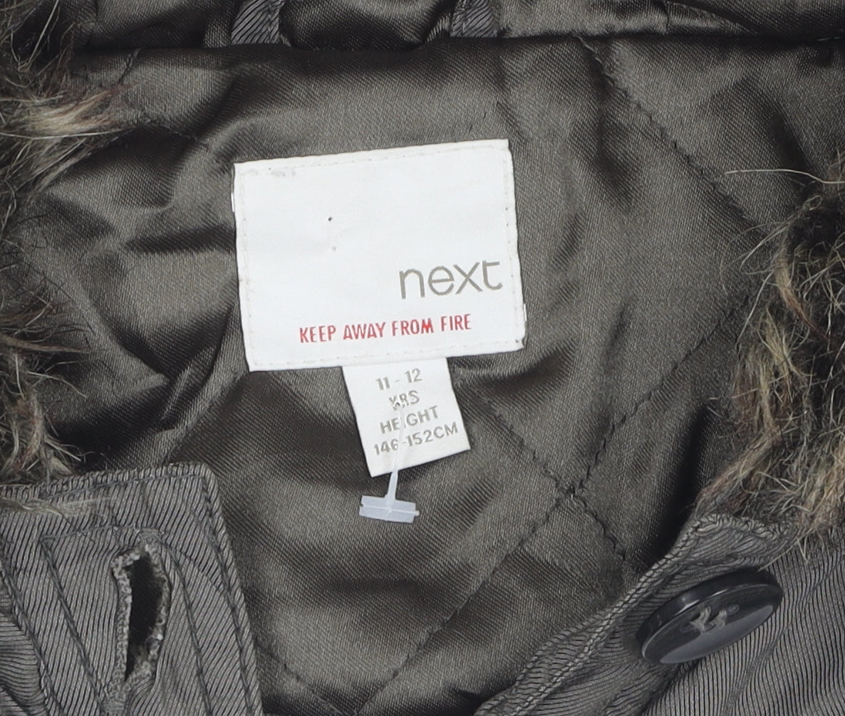 Next Girls Grey Faux Fur Hooded Parka Coat 11-12 Years