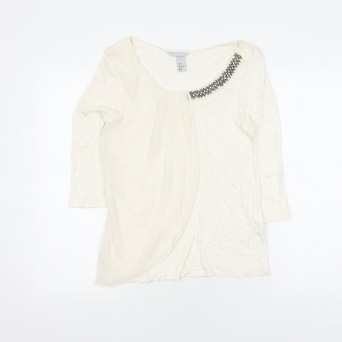H&M Women White Blouse S Beaded 3/4 Sleeve Casual