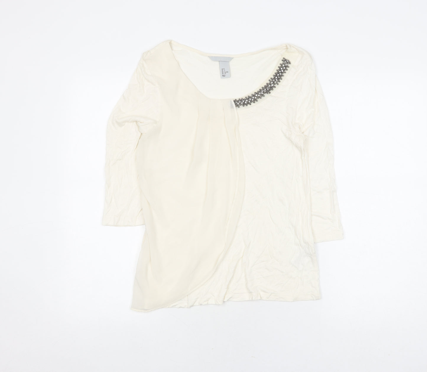 H&M Women White Blouse S Beaded 3/4 Sleeve Casual