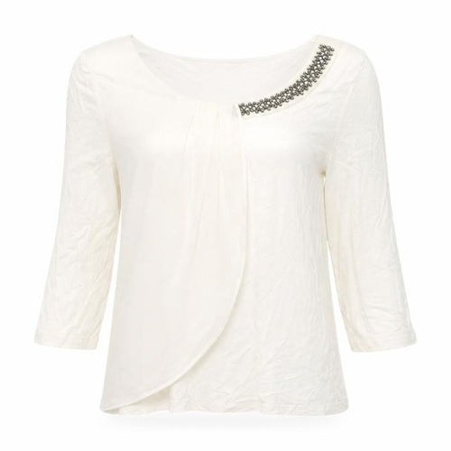 H&M Women White Blouse S Beaded 3/4 Sleeve Casual