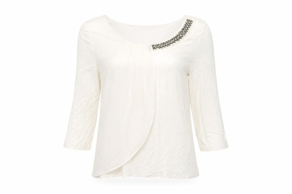 H&M Women White Blouse S Beaded 3/4 Sleeve Casual