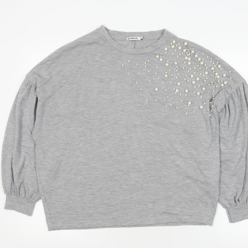 Stradivarius Women's Grey Beaded Crew Neck Pullover - Size 10