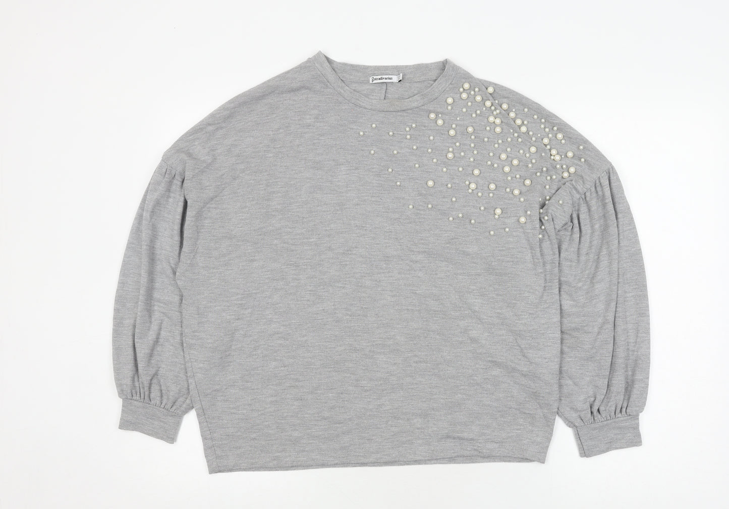 Stradivarius Women's Grey Beaded Crew Neck Pullover - Size 10