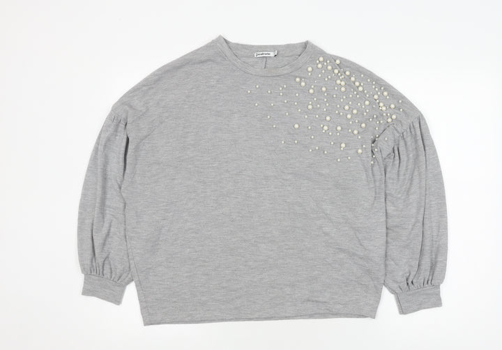 Stradivarius Women's Grey Beaded Crew Neck Pullover - Size 10