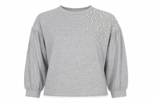 Front view of Stradivarius Women's Grey Beaded Crew Neck Pullover -, size 10