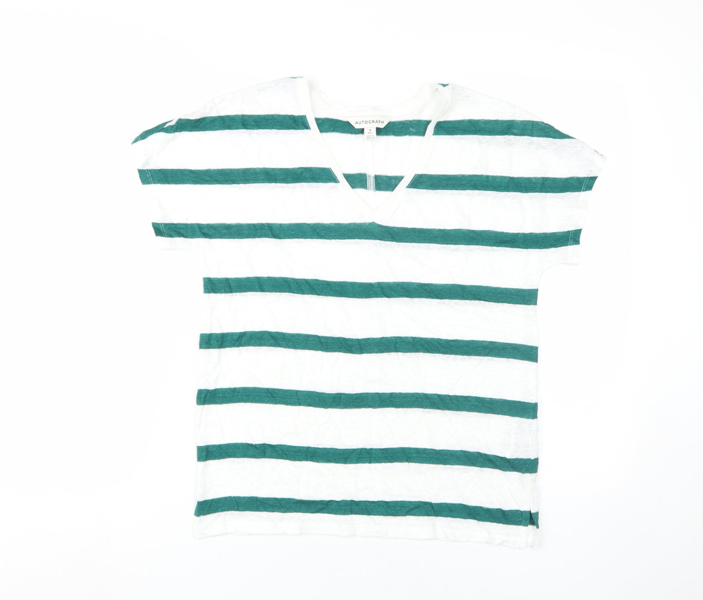 Marks and Spencer Women's Green Striped T-Shirt Size 8