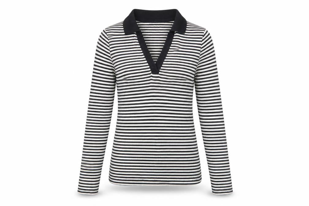 Front view of New Look Women's Black Striped Polo Top, size 6