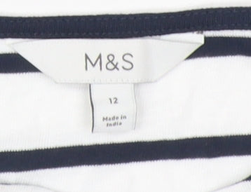 Marks and Spencer Women's White Striped T-Shirt Size 12