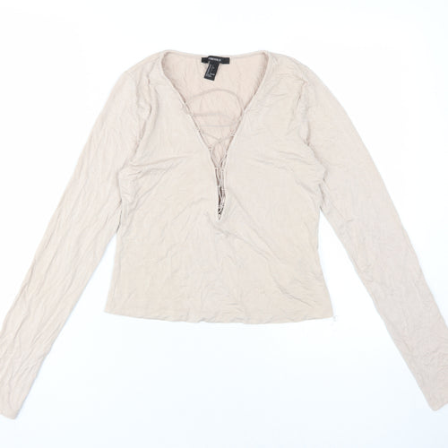 Forever 21 Women Beige L Long Sleeve Lace Up Top