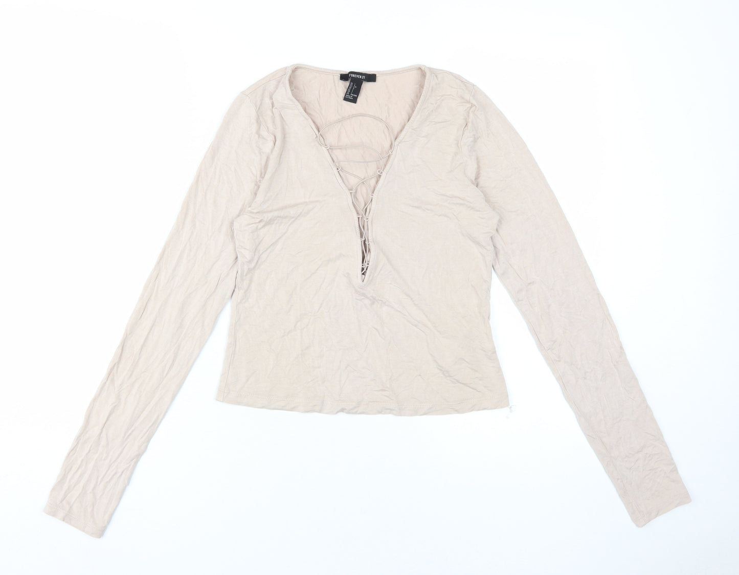 Forever 21 Women Beige L Long Sleeve Lace Up Top