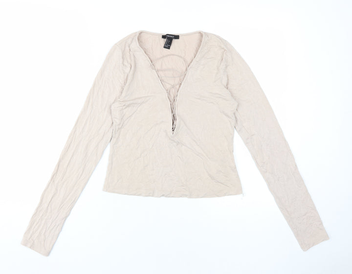 Forever 21 Women Beige L Long Sleeve Lace Up Top