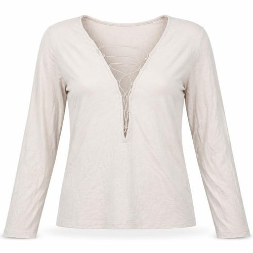 Forever 21 Women Beige L Long Sleeve Lace Up Top