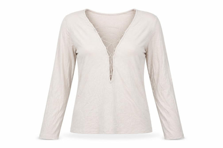 Forever 21 Women Beige L Long Sleeve Lace Up Top