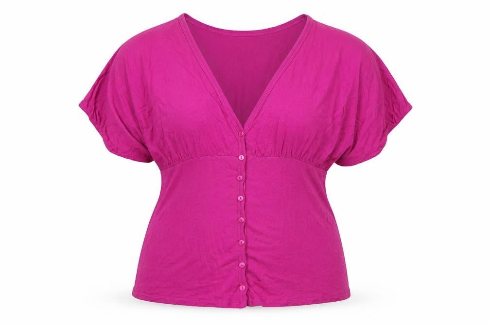 Front view of MK Women's Purple Button-Up V-Neck Top, size 16