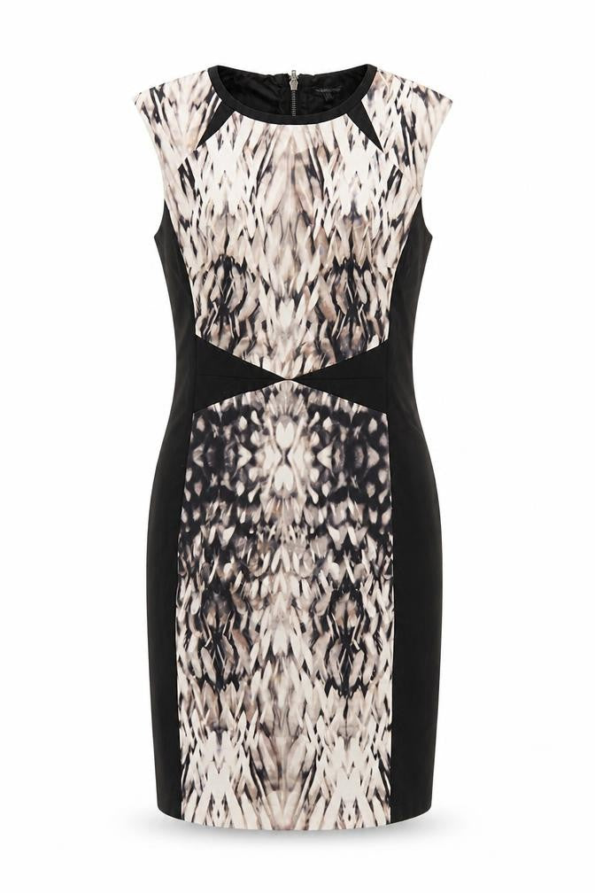 Front view of Warehouse Women's Black Beige Sheath Dress, size 14