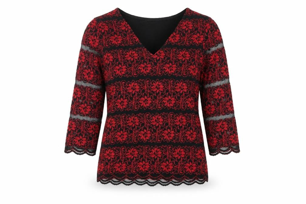 Front view of Marks & Spencer Women's Red Lace V-Neck Blouse, size 10