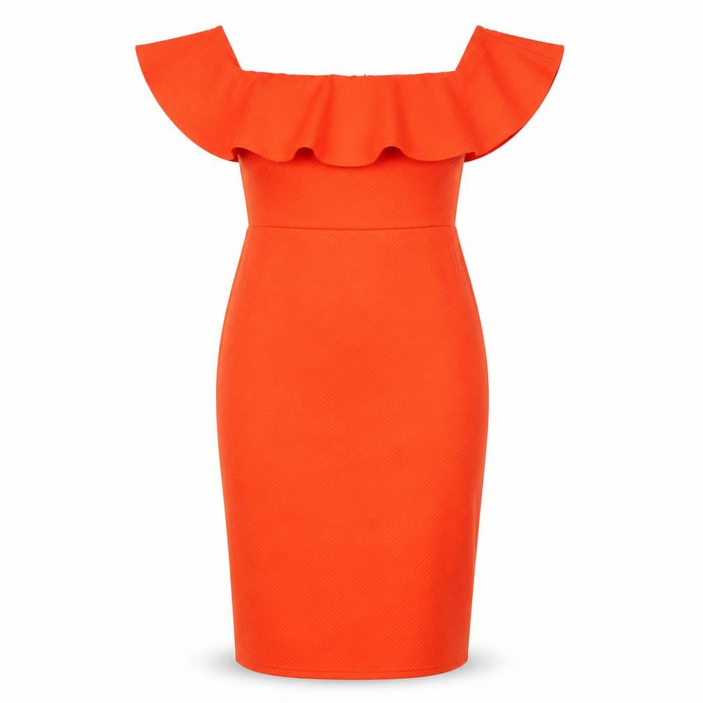 Front view of New Look Women's Orange Midi Off Shoulder Dress