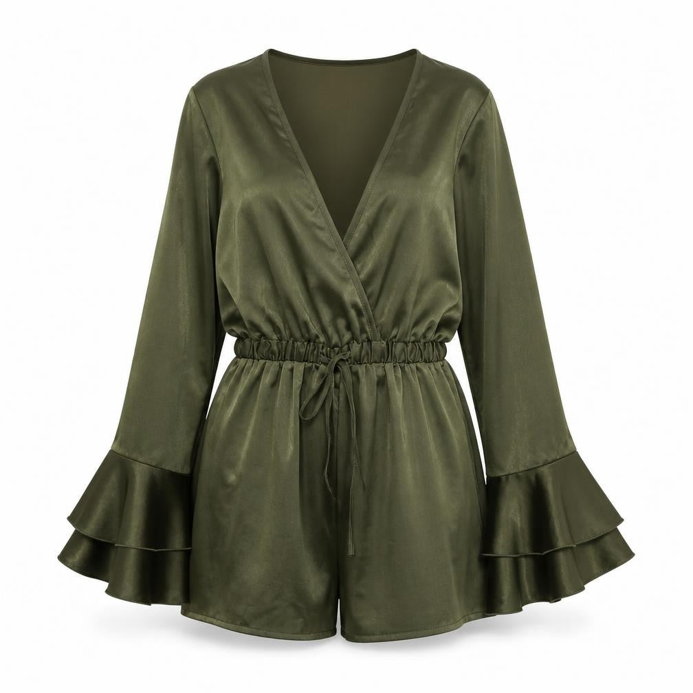 Front view of Women's Green Playsuit with Flared Sleeves UK 8