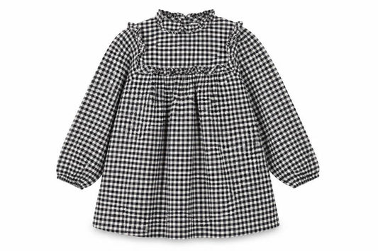 Front view of Next girls’ black check a-line dress 11 years long sleeve