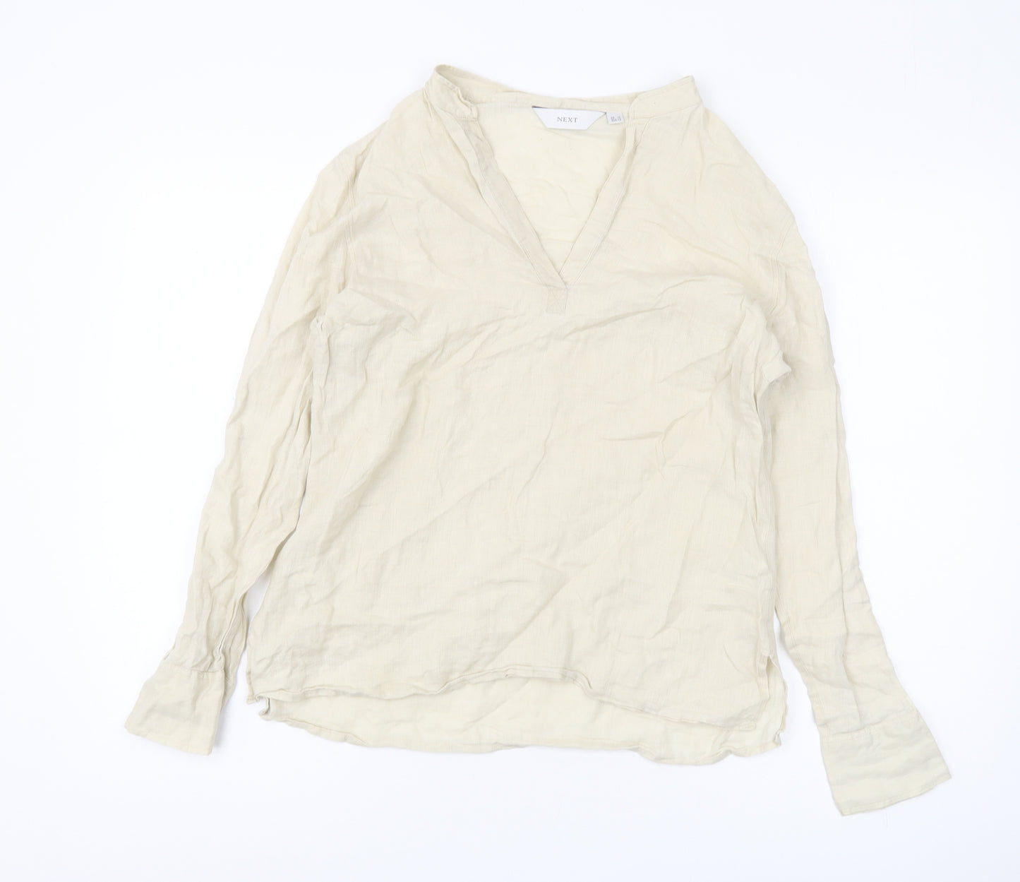 Next Women's Beige Linen Blouse, Size 14, Long Sleeve, V-Neck
