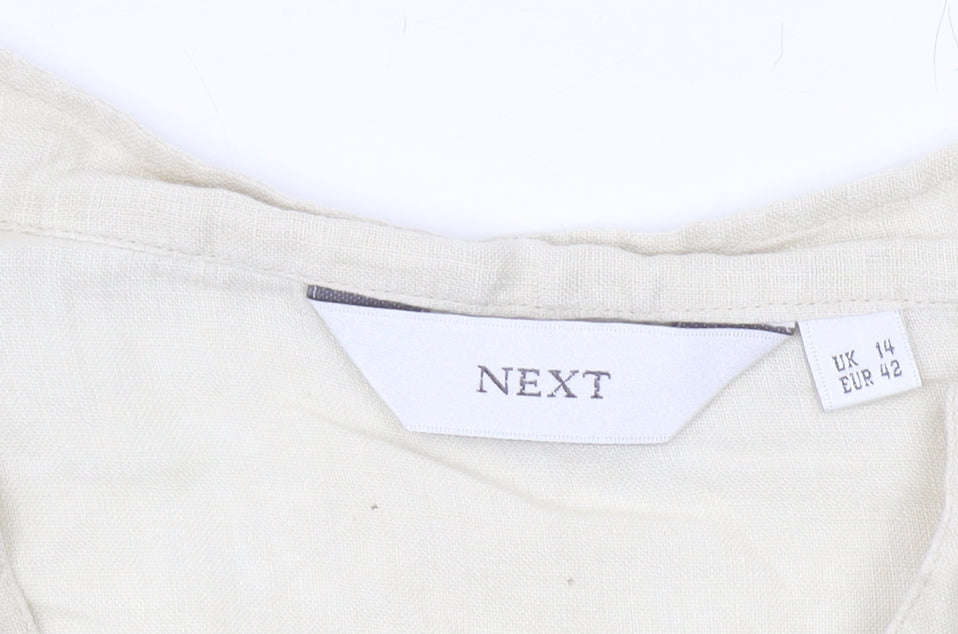 Next Women's Beige Linen Blouse, Size 14, Long Sleeve, V-Neck