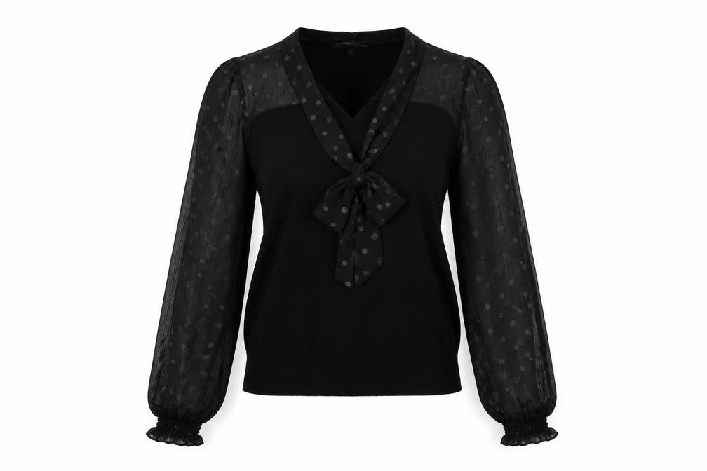 Front view of Oasis Women's Black XS Polka Dot Bow jumper