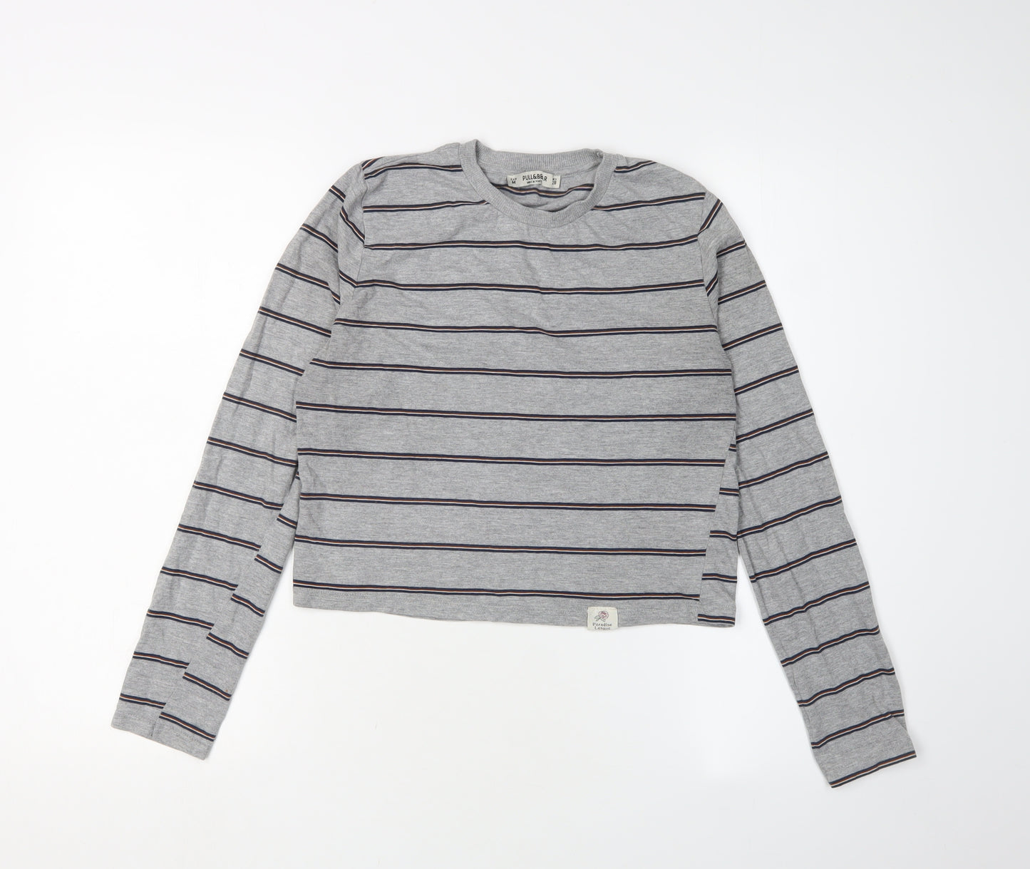Pull&Bear Women's Grey Cropped Striped T-Shirt