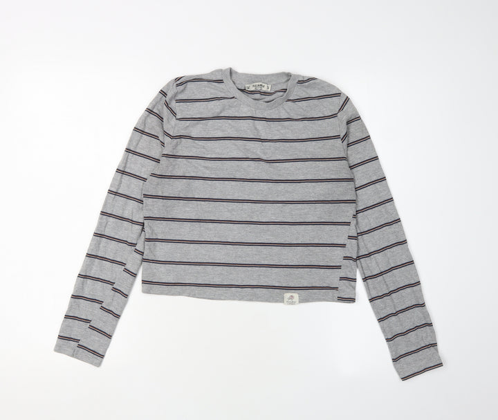 Pull&Bear Women's Grey Cropped Striped T-Shirt